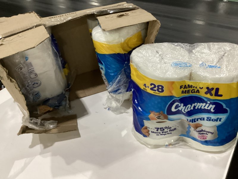 Condition photo showing As Is for charmin ultra soft cushiony touch toilet paper, 12 family mega xl 2-ply, white family mega xl rolls , missing rolls