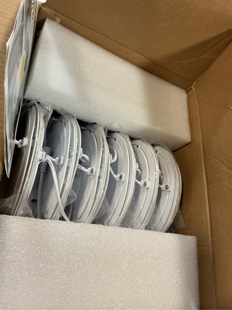 Condition photo showing As Is for ensenior 12 pack 6 inch led recessed ceiling light, dimmable, 2700k-5000k 5cct, 1200lm 12w 120v, high brightness canless wafer downlight - etl&fcc&ic 6 inch 2700k/3000k/3500k/4000k/5000k - 5cct white
