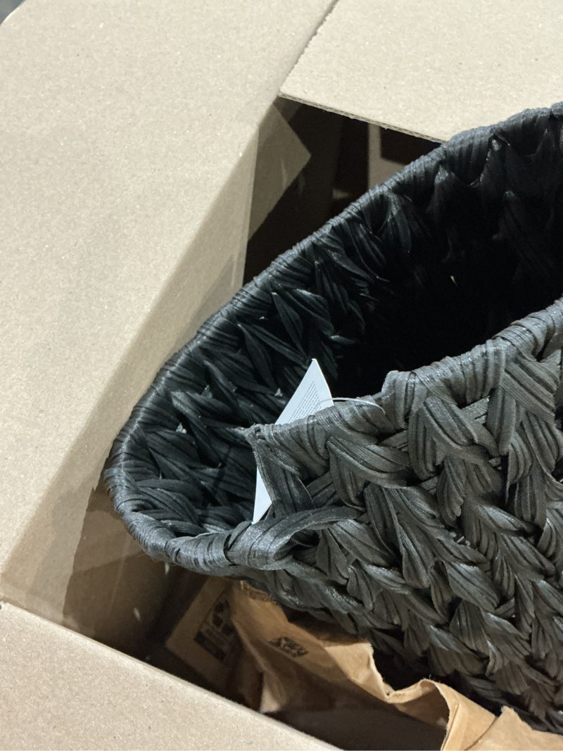 Condition photo showing Good Condition for ( bent corner)coeusy wicker trash can,small trash can,handwoven waterproof wicker trash basket,round garbage can,compact waste basket for bathroom,bedroom,office,2 gallon black