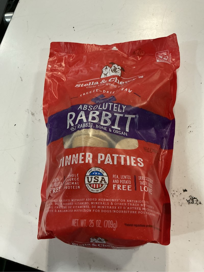 Condition photo showing New/Like New for ((bb:20/jun/2026))stella & chewy's freeze-dried raw dinner patties - absolutely rabbit recipe - high protein grain-free puppy & dog food - perfect for picky eaters - 25 oz rabbit 25 ounce