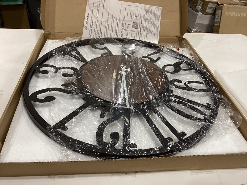 Condition photo showing New/Like New for 20'' Ultra-Silent Wall Clock with Night Light, Glow in The Dark Decorative Wall Clock Battery Operated, Rustic Modern Metal & Wood Clocks for Bedroom Living Room Decor, Arabic Numerals Black Walnut - Arabic Numerals 20 inch