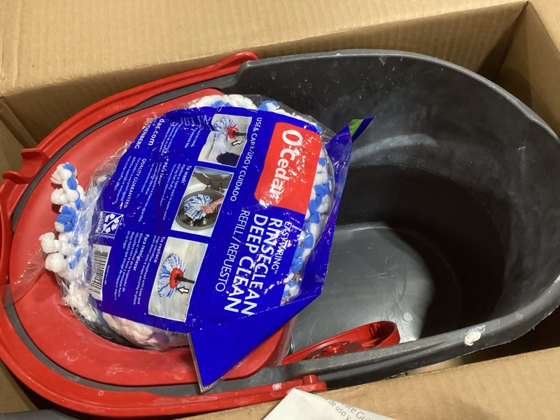 Condition photo showing As Is for o-cedar easywring microfiber spin mop, bucket floor cleaning system, red, gray, standard easywring spin mop & bucket