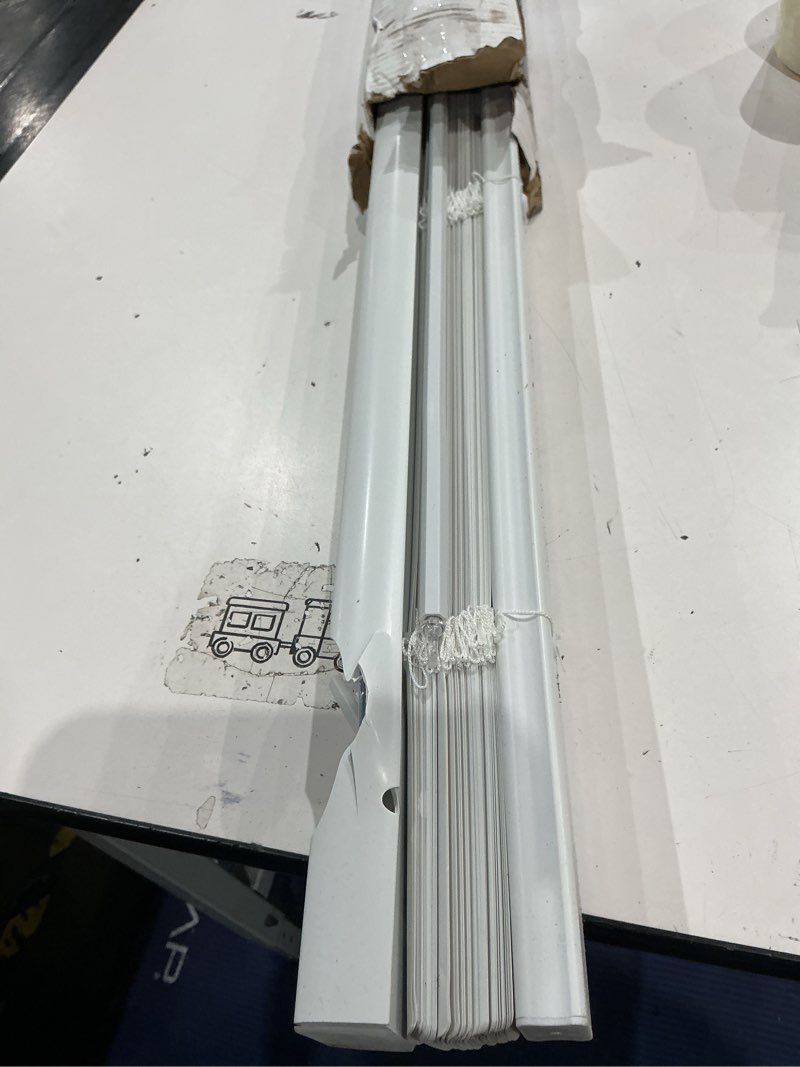 Condition photo showing As Is for project source 1-in slat width 54-in x 60-in cordless white vinyl light filtering mini-blinds