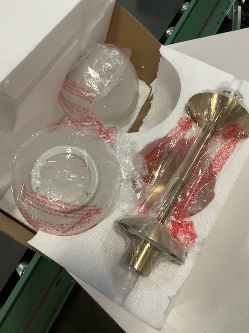 Condition photo showing Good Condition for globe electric celestia 2-light wall sconce, matte brass, frosted glass shades
