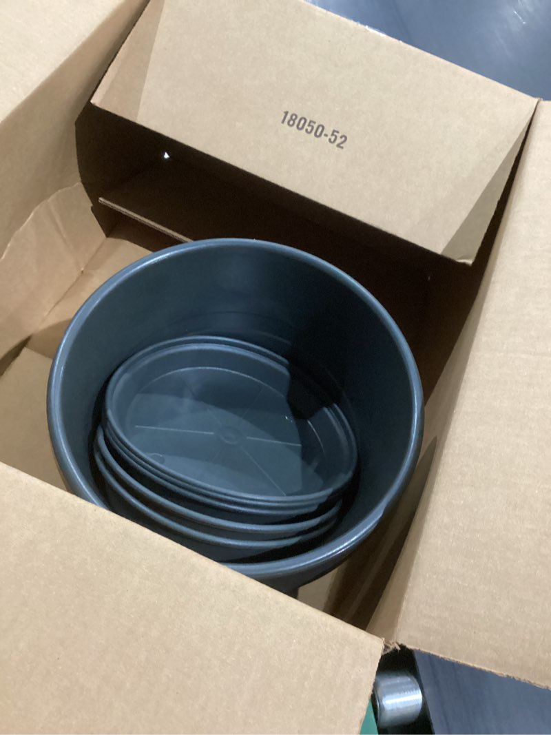 Condition photo showing As Is for 10-Inch Whiskey Barrel Planters Outdoor Pack of 5 - Durable Plastic Plant Pots for Indoor & Outdoor Use with Drainage & Saucer, Lightweight Rustic Barrel Planters for Flowers, Herbs & Small Plants Dark Gray Pack of 5