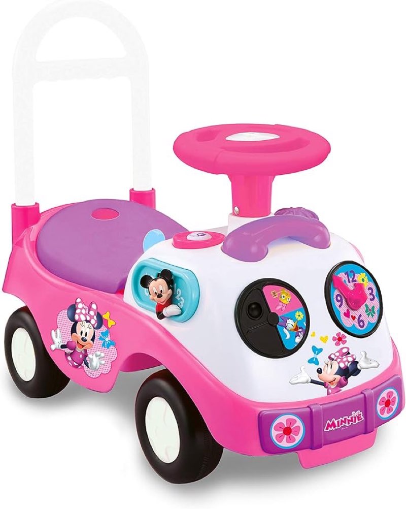 kiddieland minnie mouse my first activity ride-on with lights, sounds, steering wheel, toddler push car ages 1–3, educational clock, batteries included