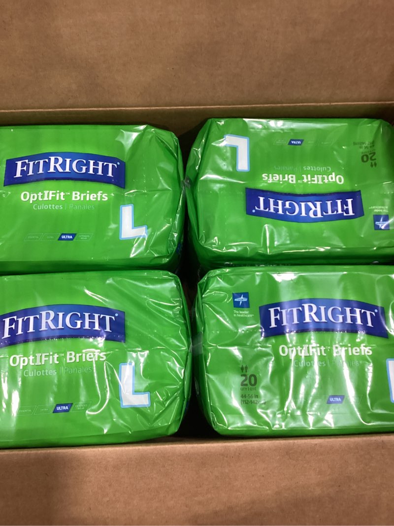 Condition photo showing New/Like New for FitRight Ultra Adult Diapers, Disposable Incontinence Briefs with Tabs, Heavy Absorbency, Large, 44"-56", 4 packs of 20 (80 total)