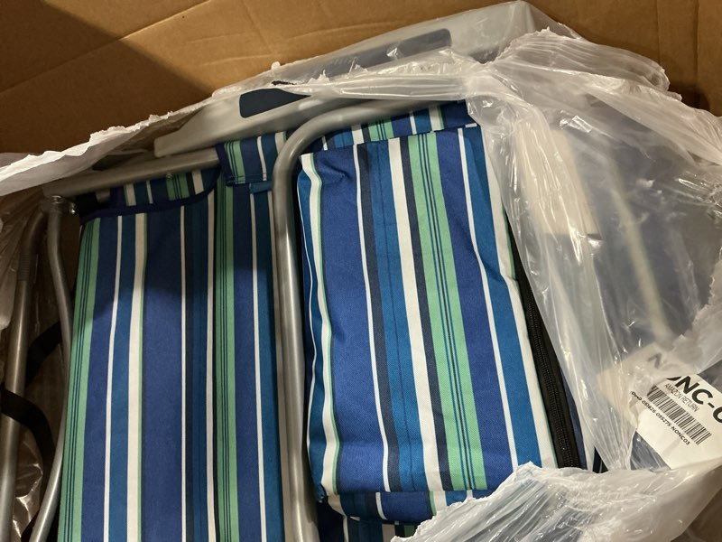Condition photo showing Good Condition for yestomo beach chairs for adults heavy duty, compact portable lay flat folding chair with backpack straps and large cooler pouch, support to 350lbs (stripes_blue&cyan) stripes-blue&cyan