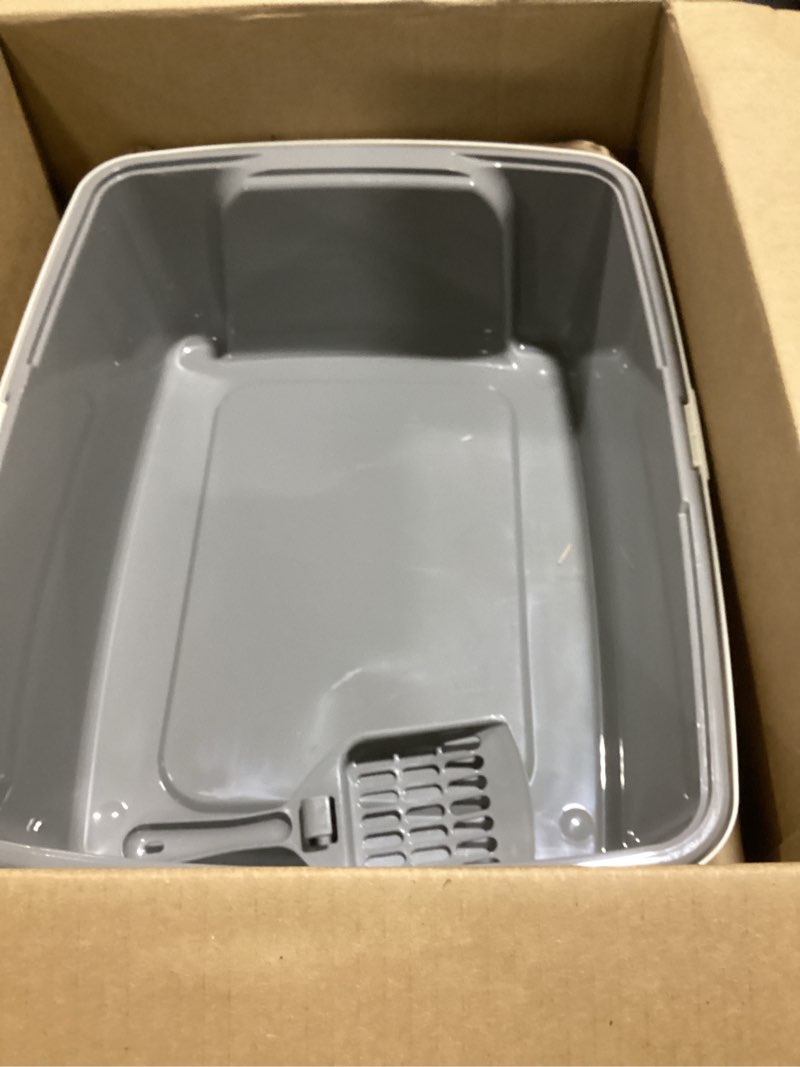 Condition photo showing Good Condition for amazon basics large cat litter box with high sides, open top for easy access, includes scoop with storage, 19" x 15" x 11.75", grey/beige grey/beige open top