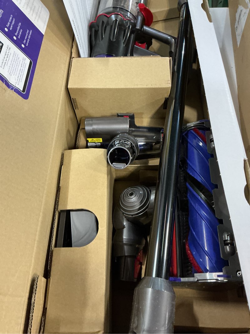 Condition photo showing As Is for dyson v9 motorbar cordless vacuum, cleans hard floors and carpets, detangles, converts to handheld, 100aw, 3 power modes, up to 40 minutes¹