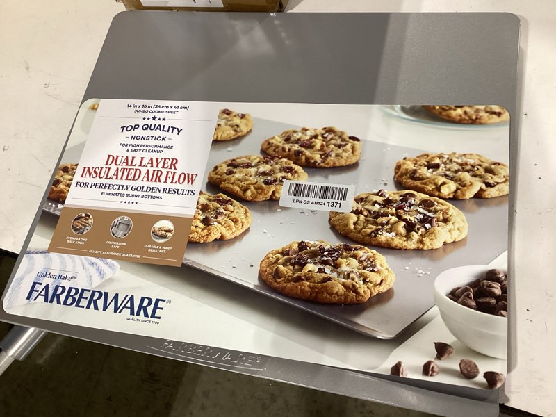 Condition photo showing As Is for farberware golden bake nonstick jumbo cookie sheet, flat baking sheet, 14-inch x 16-inch, light gray 14" x 16" cookie sheet