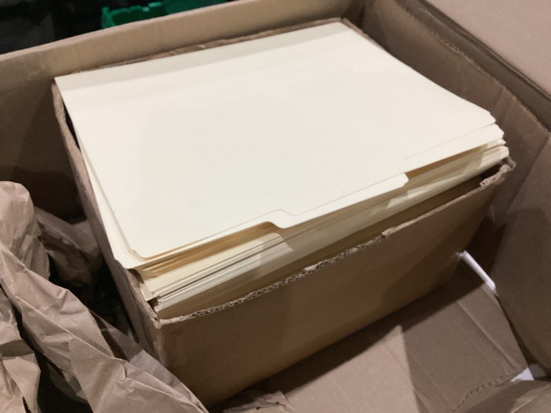Condition photo showing As Is for sunee manilla folders letter size (8.5 x 11 inches), 250 per box, 1/3 cut tab for easy labeling and organization, durable standard paper for home, office, school filing