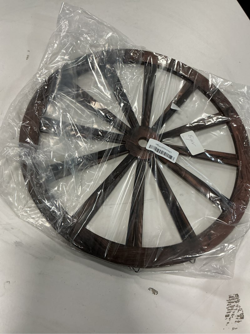 Condition photo showing Good Condition for 2 Pcs Wagon Wheel Decor Wooden Western Cowboy Party Decorations Vintage Rustic Wagon Wheel Wood Cartwheel Decor for Bar Garage Indoor Outdoor (Brown,12 Inch) 12 Inch Brown