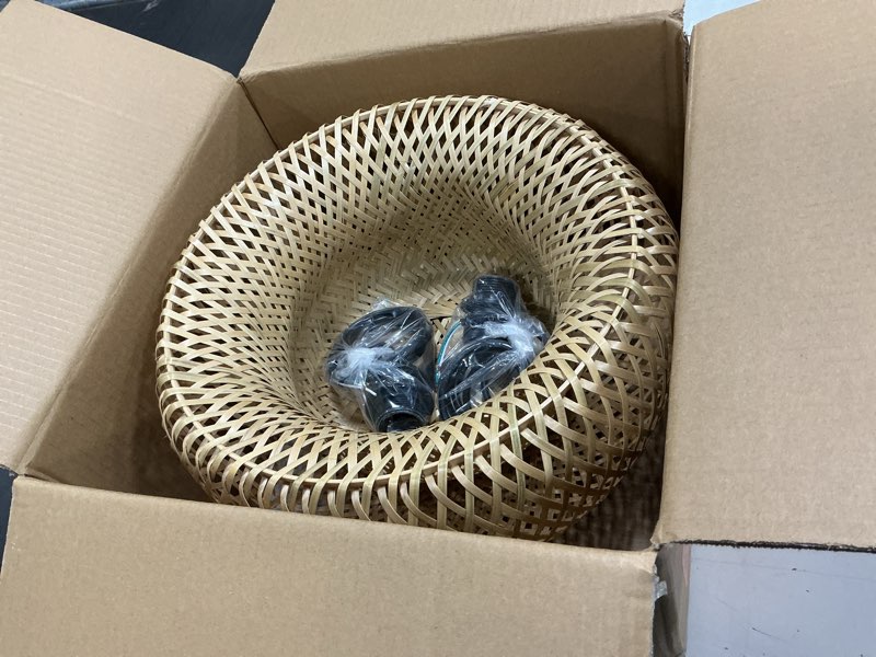 Condition photo showing New/Like New for Rustic Bamboo Pendant Light, 15.74 inch One-Light Boho Basket Handmade Woven Pendant Lighting for Bedroom, Kitchen, Living Room Boho Decor