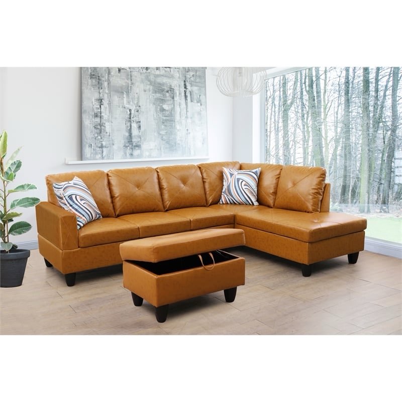 (Incomplete Set, Only 1 Box) Starhome L Shaped Ginger Couch with Ottoman(Pillows Included) Microfiber