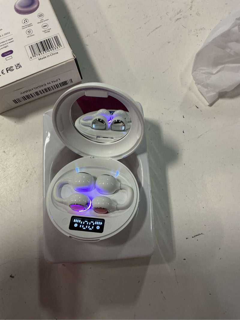 Condition photo showing Good Condition for open ear clip wireless earbuds bluetooth 6.0, powder compact case with led display & mirror, detachable crystal butterfly ear clips & bracelet, 28h ipx5 open-ear comfort for women& girls gifts purple