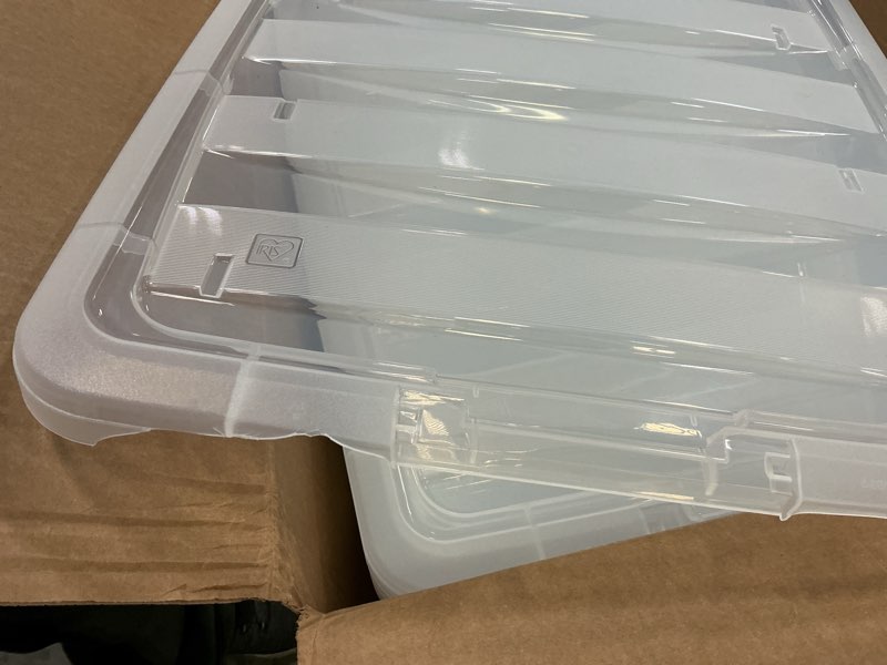 Condition photo showing As Is for IRIS USA 54 Qt Stackable Plastic Storage Bins with Lids, 6 Pack - BPA-Free, Made in USA - See-Through Organizing Solution, Latches, Durable Nestable Containers, Secure Pull Handle - Clear Clear 54 Qt 6 Pack