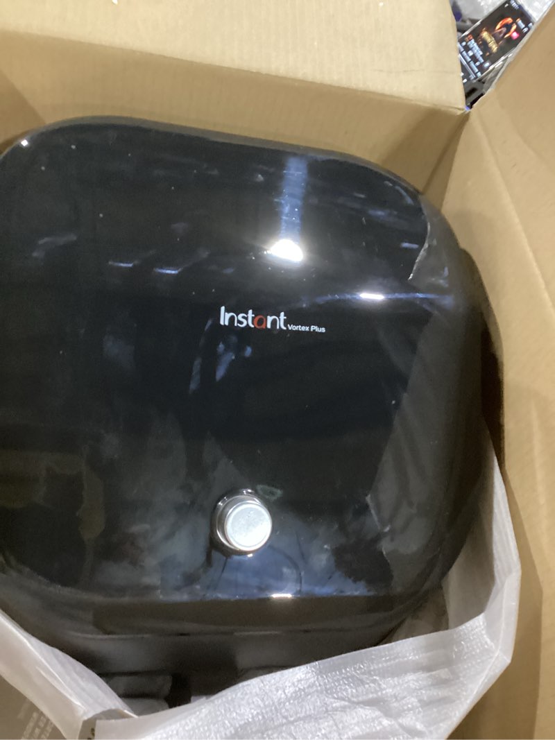 Condition photo showing As Is for instant pot vortex plus 6qt clearcook air fryer, clear windows, custom program options, 6-in-1 functions, crisps, broils, roasts, dehydrates, bakes, reheats, from the makers of instant pot, black vortex plus 6 quarts
