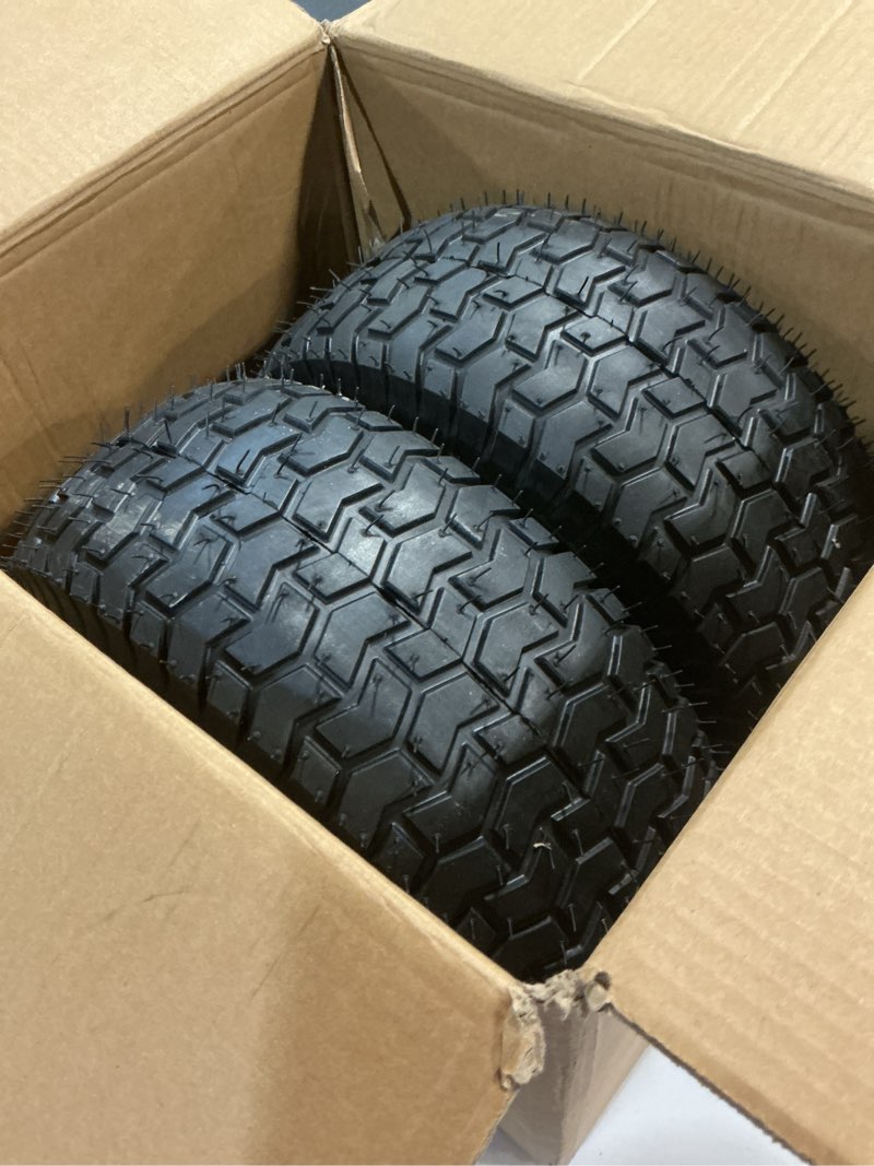 Condition photo showing Good Condition for 15x6.00-6 replacement lawn mower tires - 2 pack heavy duty15x6.00-6nhs rubber tire and wheel - riding lawn mower tires with bearing bore 3/4 inch - compatible with most riding mowers and lawn tractors