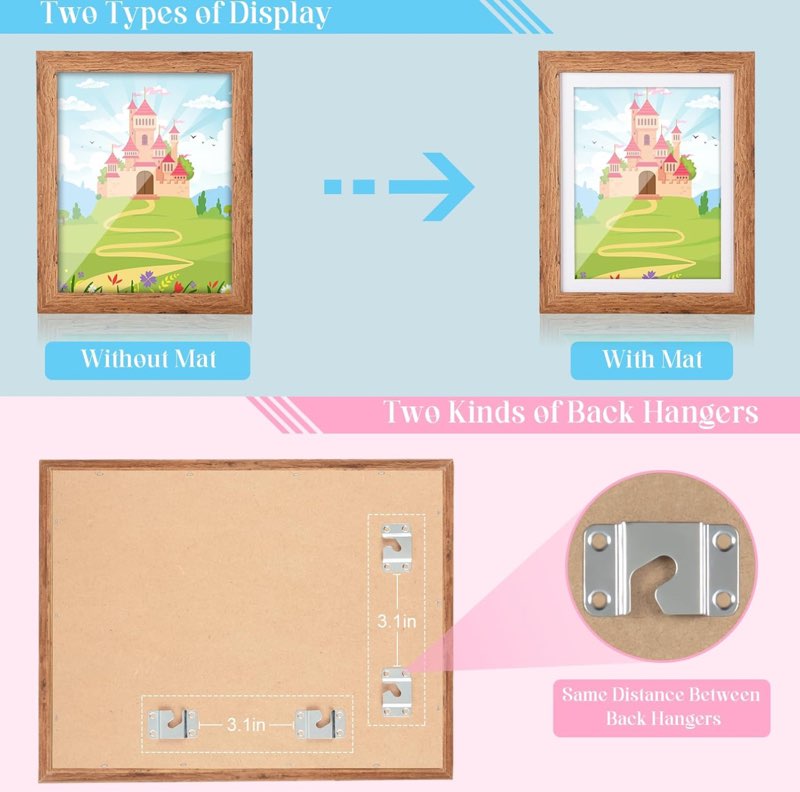 [2 pack] kids art frames, 10x12.5 front opening kids artwork frames changeable,dark woodgrain artwork display storage frame for wall, holds 50 pcs, for 3d picture, crafts, children drawing, hanging dark woodgrain 10x12.5\"