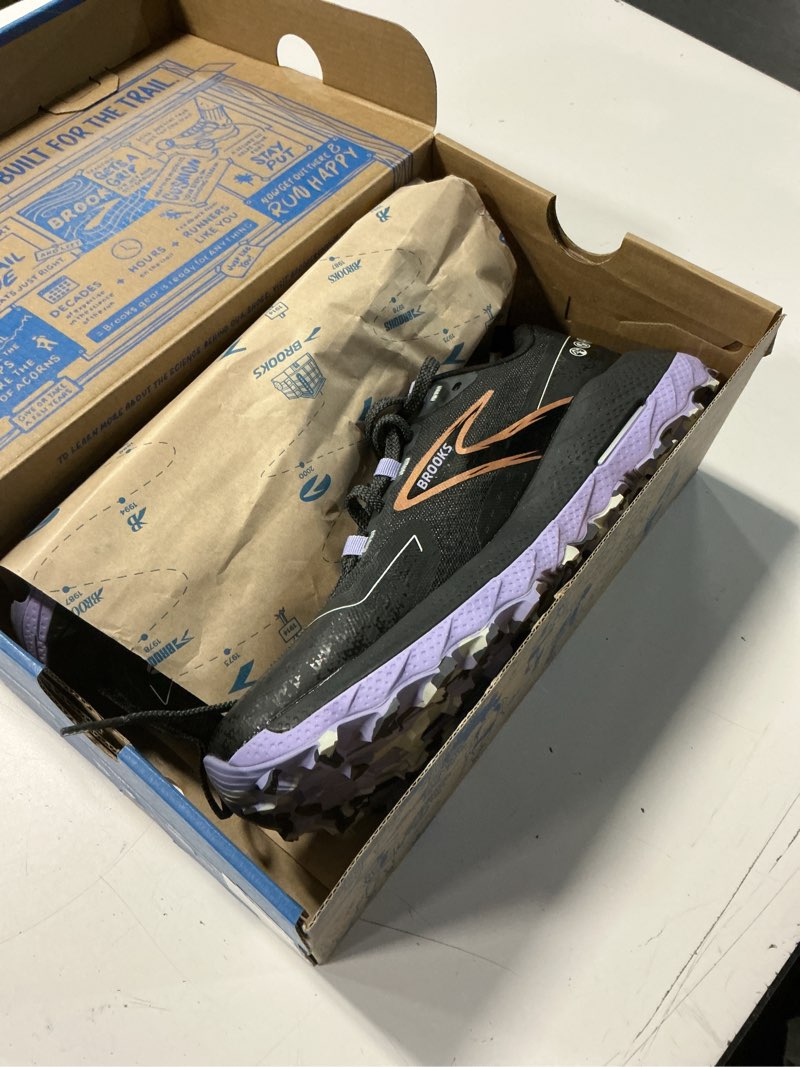 Condition photo showing Good Condition for brooks women’s cascadia 18 mountain trail running shoe 8 ebony/sweet lavender/copper