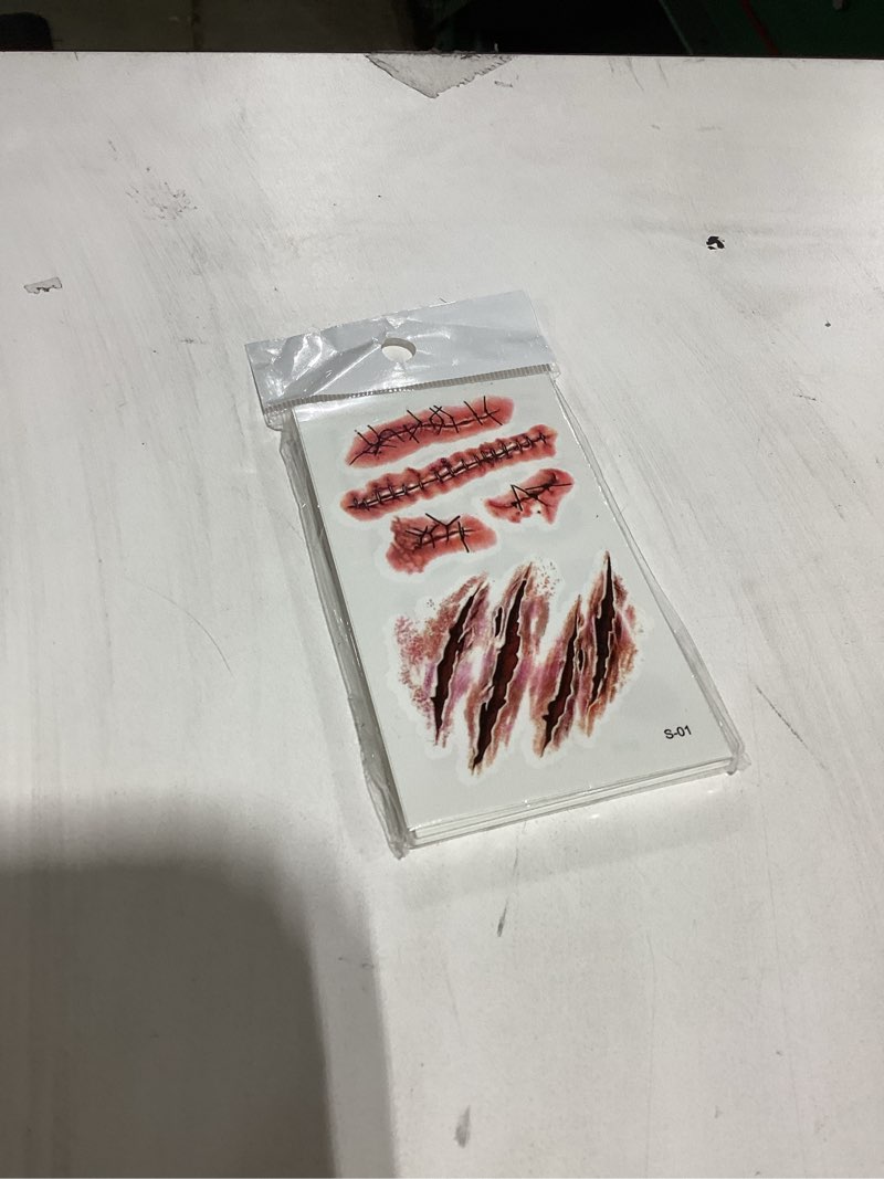 Condition photo showing As Is for 10 Sheets Halloween Zombie Scar Temporary Tattoos?10pcs Fake Bloody Wound Stitch Scar Scab Waterproof Sticker Halloween Masquerade Prank Makeup Props makeup accessories for men and women