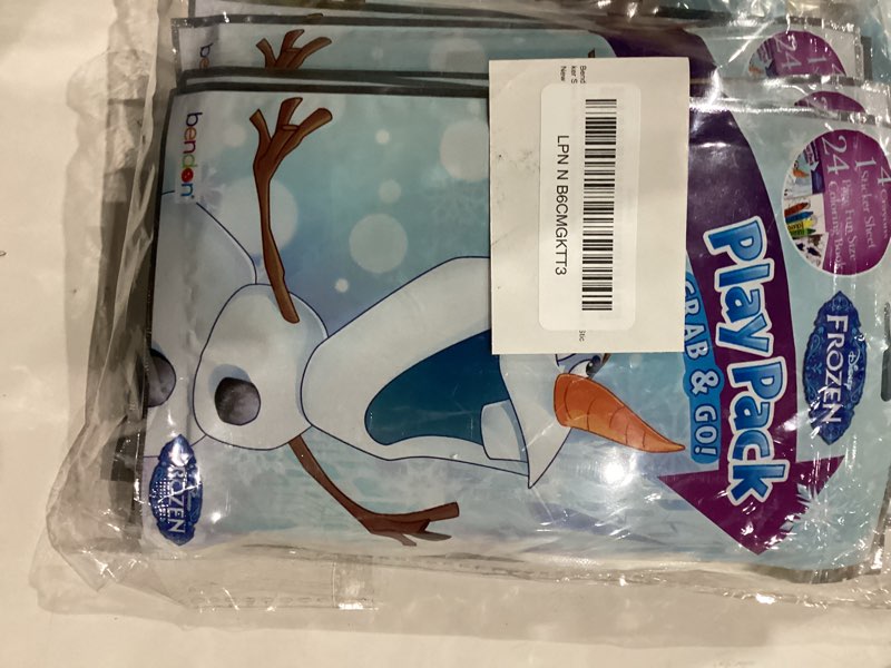 Condition photo showing New/Like New for bendon frozen olaf grab & go play packs, 12-pack, includes 4 crayons, 1 sticker sheet, 24-page mini fun size coloring book