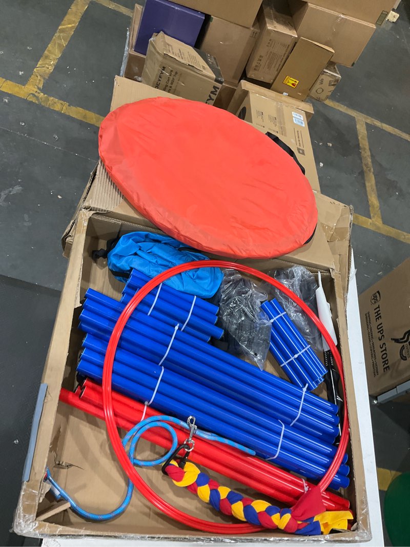 Condition photo showing New/Like New for dwvo dog agility accessories kit: comprises of a teaser pole, 2 hurdles, 6 weaving poles, agility tunnel, pause box, full set of agility equipment for backyard indoors outdoors 1 pc tunnel