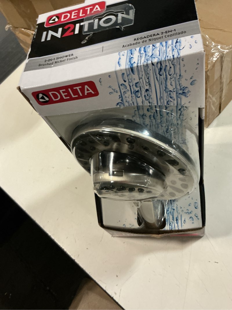 Condition photo showing New/Like New for delta 4-setting in2ition 2-in-1 dual shower head with handheld spray, brushed nickel detachable shower head with hose, 2.5 gpm flow rate, spotshield nickel 75490sn satin nickel
