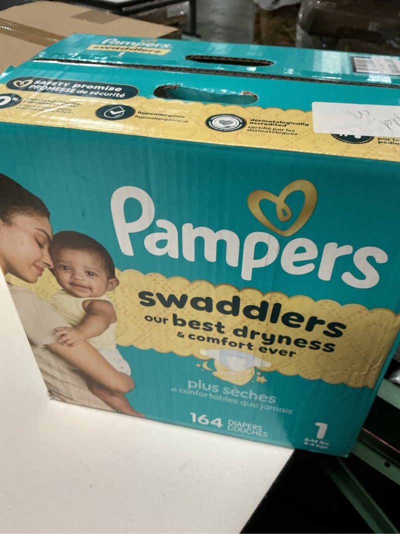 Condition photo showing New/Like New for pampers swaddlers diapers, size 1 (8-14 lbs), 164 count, absorbent, keeps baby dry and comfortable, skin safe disposable baby diaper size 1 164