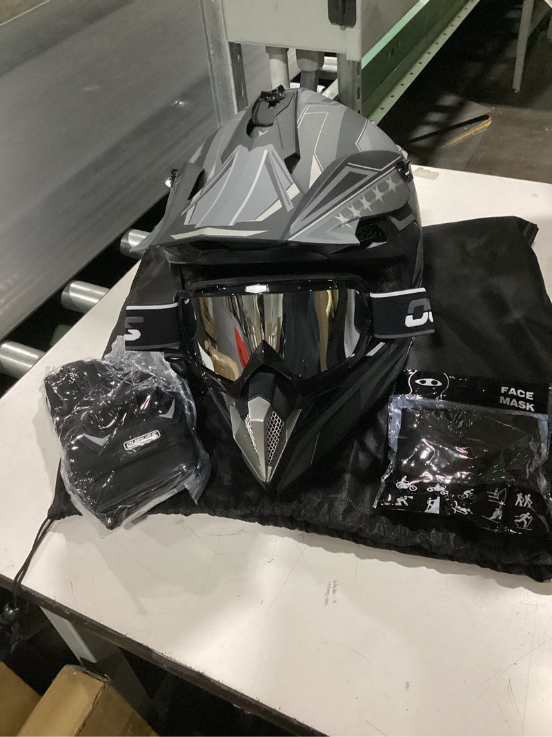 Condition photo showing New/Like New for dot adult dirt bike helmet with goggles gloves & mask adjustable sun visor motorcycle adult atv helmet off-road motocross downhill moped mx bmx for unisex adult-188-black star, xl x-large black star