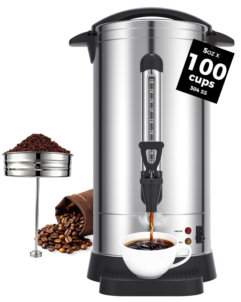 OSTBA 1500W Commercial Coffee Urn 100 Cup / 15L Large Percolator Coffee Pot, 304 Stainless Steel Dou
