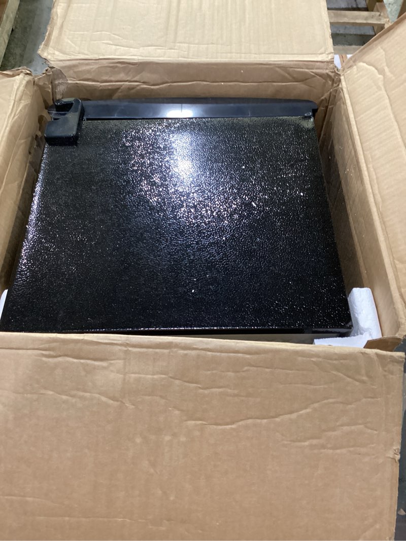 Condition photo showing As Is for dorm fridge with freezer, small refrigerator 3.45 cu. ft. with freezer for apartment, 7-level temperature adjustable apartment size fridge for kichen, college, office, black black 3.45 cu. ft