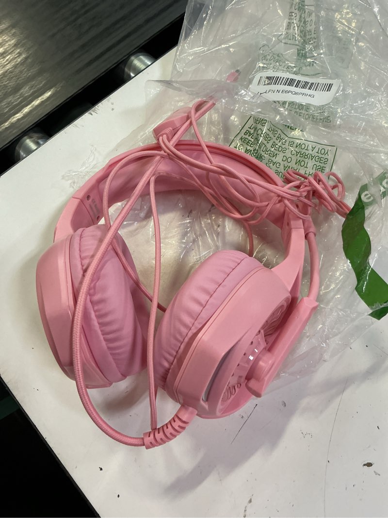 Condition photo showing As Is for gaming headset with microphone for pc, xbox one series x/s, ps4, ps5, switch, stereo wired noise cancelling over-ear headphones with mic, rgb, for computer, laptop, mac, nintendo (pink)