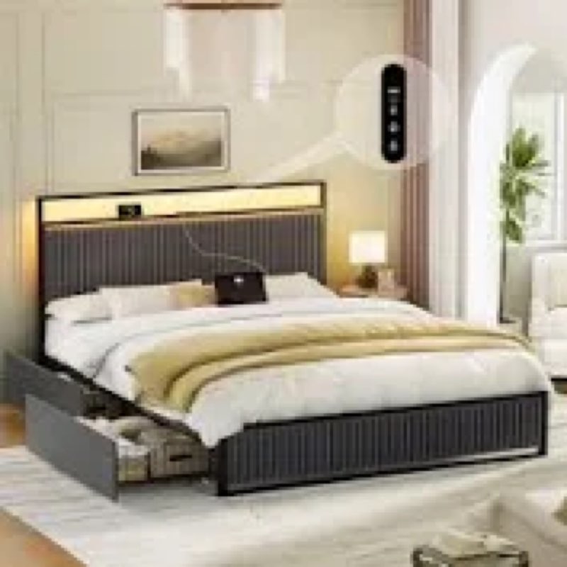 (May be missing hardware) Antioch Upholstered Bed Frame with 2 Storage Drawers, Modern Platform Bed with Charging Station & LED Light, No Spring Box Needed