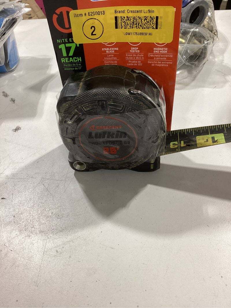 Condition photo showing As Is for crescent lufkin shockforce nite eye 25-ft magnetic tape measure