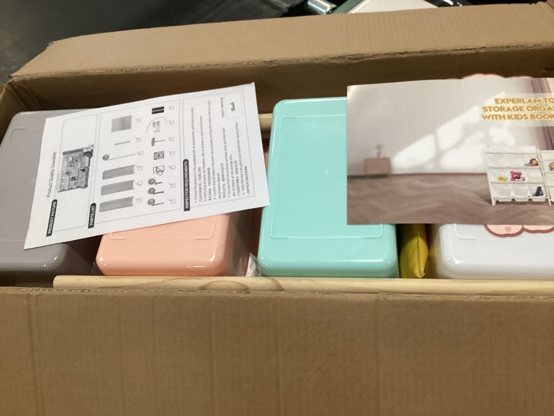 Condition photo showing New/Like New for Kids Toy Storage Organizer with Bookshelf - 12 Multi-Color Bins and 4 Book Shelves, Organizers and Storage for Playroom, Nursery, Room, Burlywood Burlywood-multi