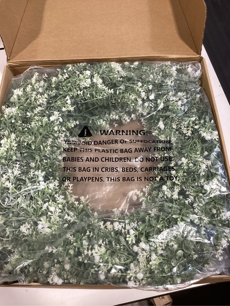 Condition photo showing Good Condition for 32'' large eucalyptus wreath for front door, porch- artificial eucalyptus and lavender with babys breath flowers wreath for home, farmhouse wall decor- spring, summer, fall, all seasons (white-green) 32"
