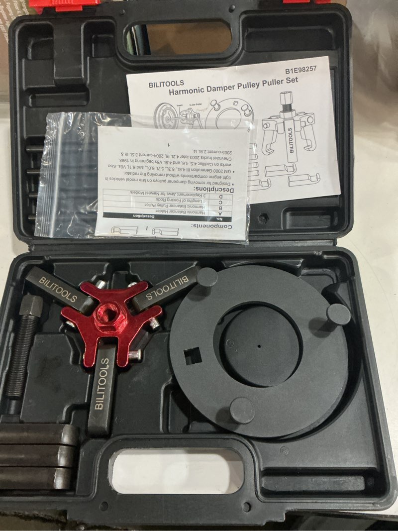 Condition photo showing New/Like New for bilitools harmonic balancer puller/installer set, upgraded 3-jaw pulley puller with holding tool for removing harmonic damper balancers compatible with chevy, gm, chrysler, ford etc.