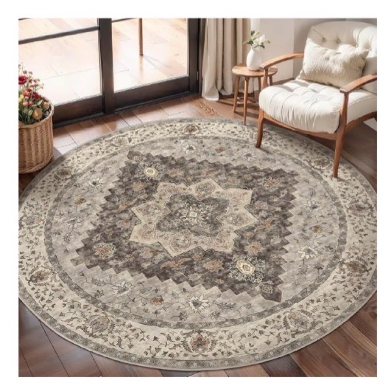 Tangsoo Vintage Round Rug 4ft, Washable Circle Rug, Non Slip Small Boho Round Rug, Low Pile Circular
