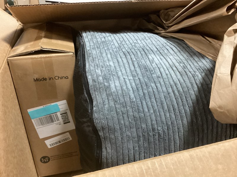 Condition photo showing Good Condition for HIGOGOGO Round Stuffed Pouf Ottoman, Corduroy Poufs with Foam Chunk Filling, Furry and Fluffy Pouf Foot Stool Storage Ottoman, 20 X 15 Floor Poufs Foot Rest for Living Room, Dark Grey 20 inch Dark Grey