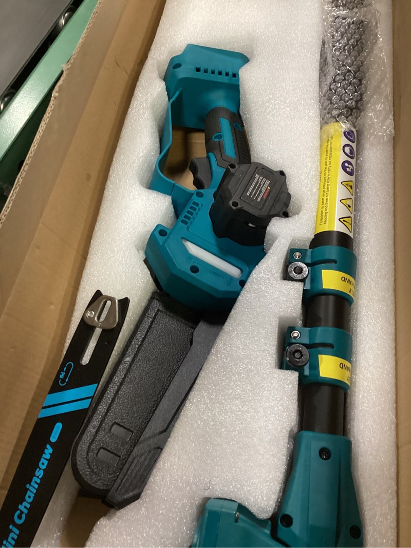 Condition photo showing As Is for 3-in-1 cordless pole saw & 6 inch 8 inch mini chainsaw for makita 18v battery(not included), electric chain saw w/extension pole, 15ft max power pole chainsaw for tree trimming, wood cutting