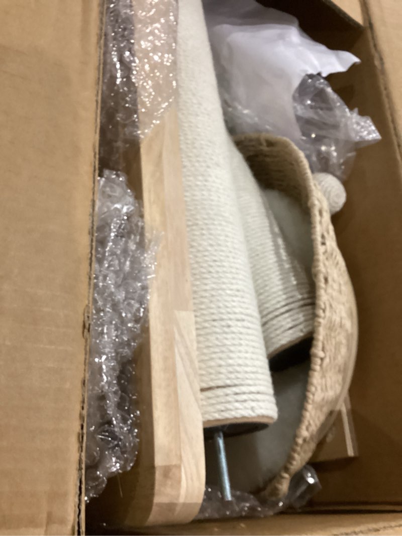 Condition photo showing As Is for HITTITE Solid Wood Cat Tree Tower with Scratching Post, 36.6 Inches Tall Cat Towers with Scratching Board and Scratcher Ball, Modern Cat Tower With Space Capsule and Hand-Woven Basket for Indoor Cats. White Handwoven Basket