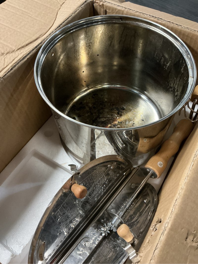 Condition photo showing As Is for stovetop popcorn maker - 6.5-quart stainless-steel popcorn popper with a hand crank, vented lid, and stir paddle by great northern popcorn (silver) stainless steel