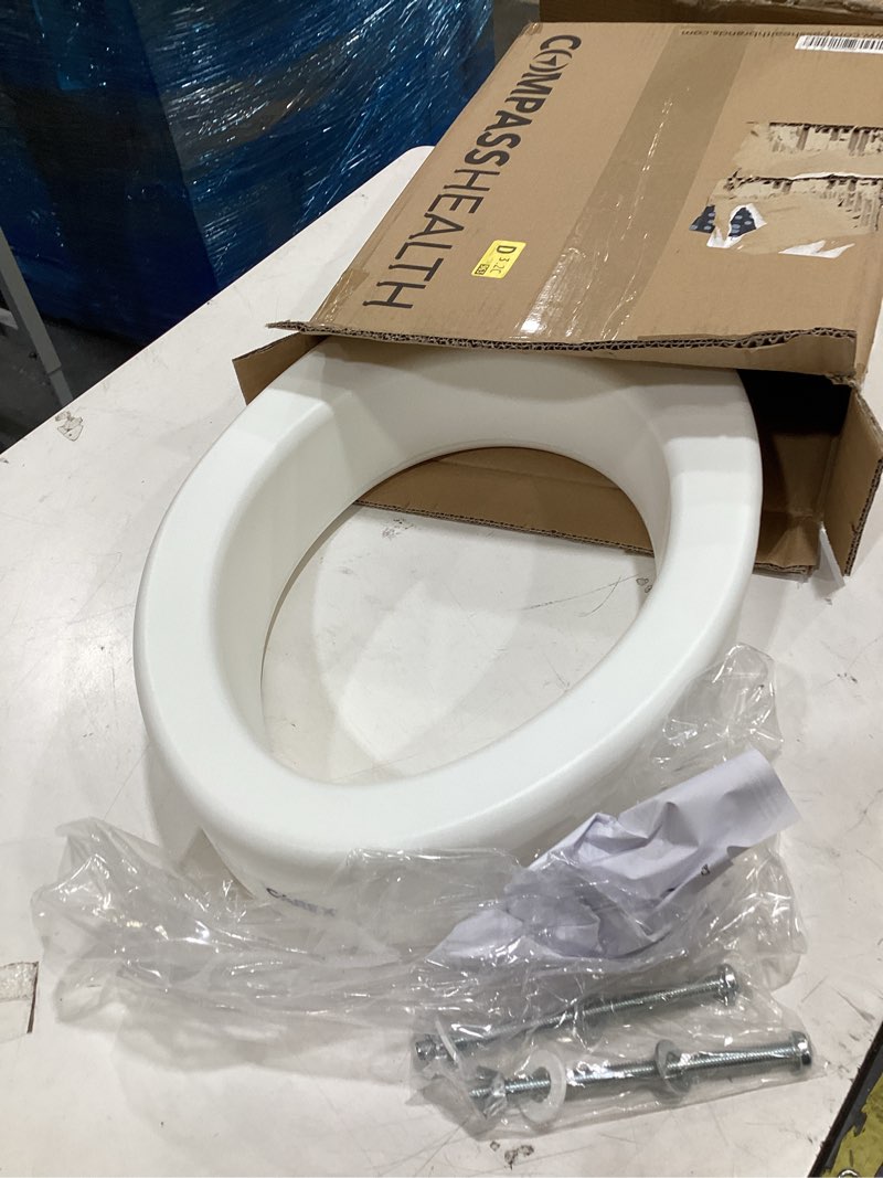 Condition photo showing As Is for carex toilet seat riser  elongated raised toilet seat adds 3.5 inches to toilet height  for assistance bending or sitting  300 pound weight capacity toilet riser