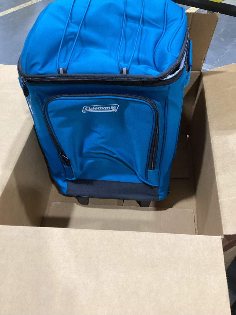 Condition photo showing As Is for coleman 42-can soft rolling cooler with wheels, leak-proof portable insulated chiller with 12+ hour ice retention, made with recycled materials blue
