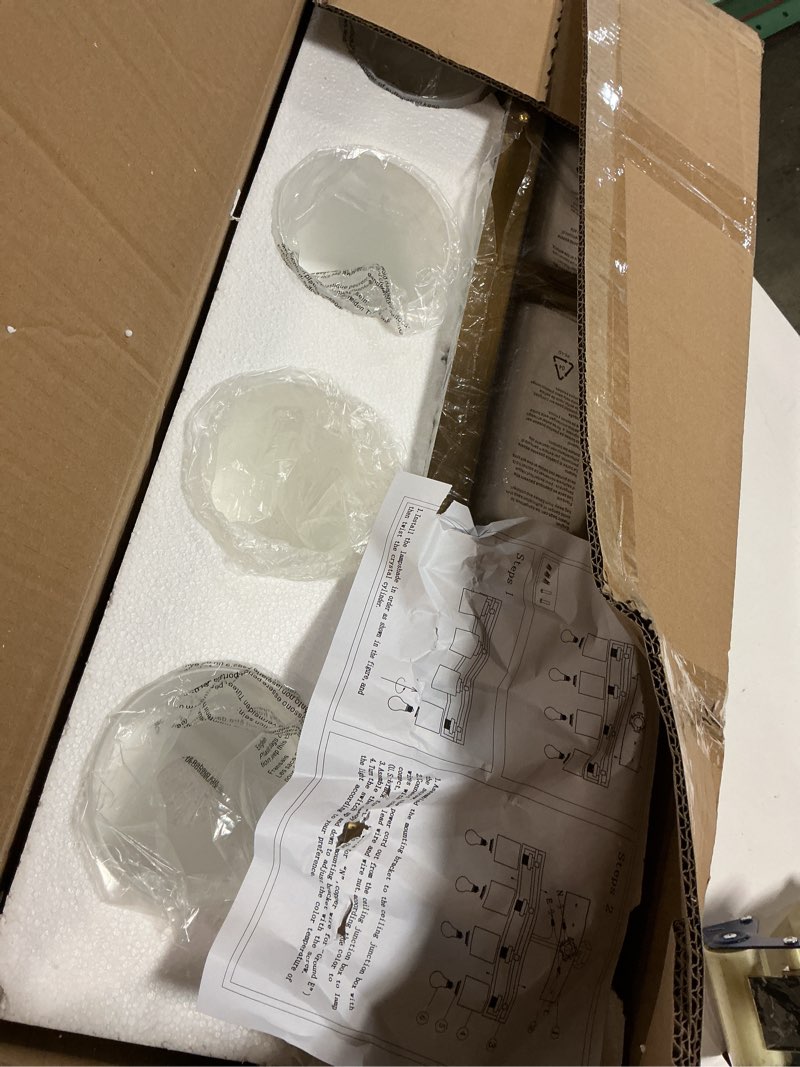 Condition photo showing Good Condition for 4 light modern bathroom light fixtures over mirror, brass finish vanity lights for bathroom wall sconces with milky white glass shades, e26 socket (bulbs not included) brass - milky white glass shades 4-lights