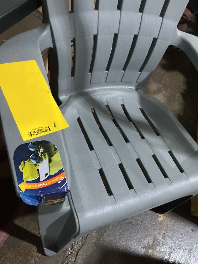 Condition photo showing As Is for adams patio big easy stackable charcoal resin frame stationary adirondack chair with slat seat