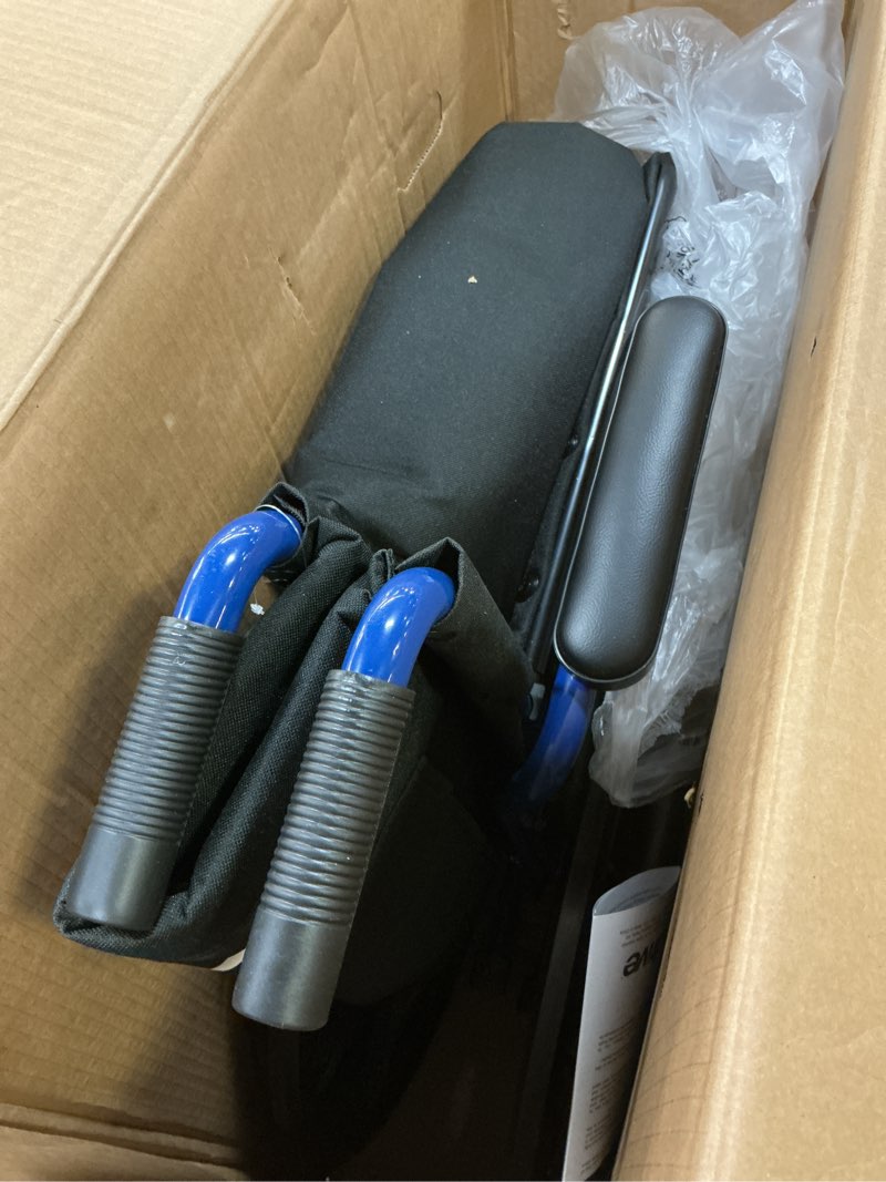 Condition photo showing Good Condition for Drive Medical Blue Streak Lightweight Foldable Wheelchair - Enhanced Mobility Support - Durable Construction - Padded Comfort - Swing-Away Leg Rests - Desk Arms - Blue/Black - 18 Inch Seat