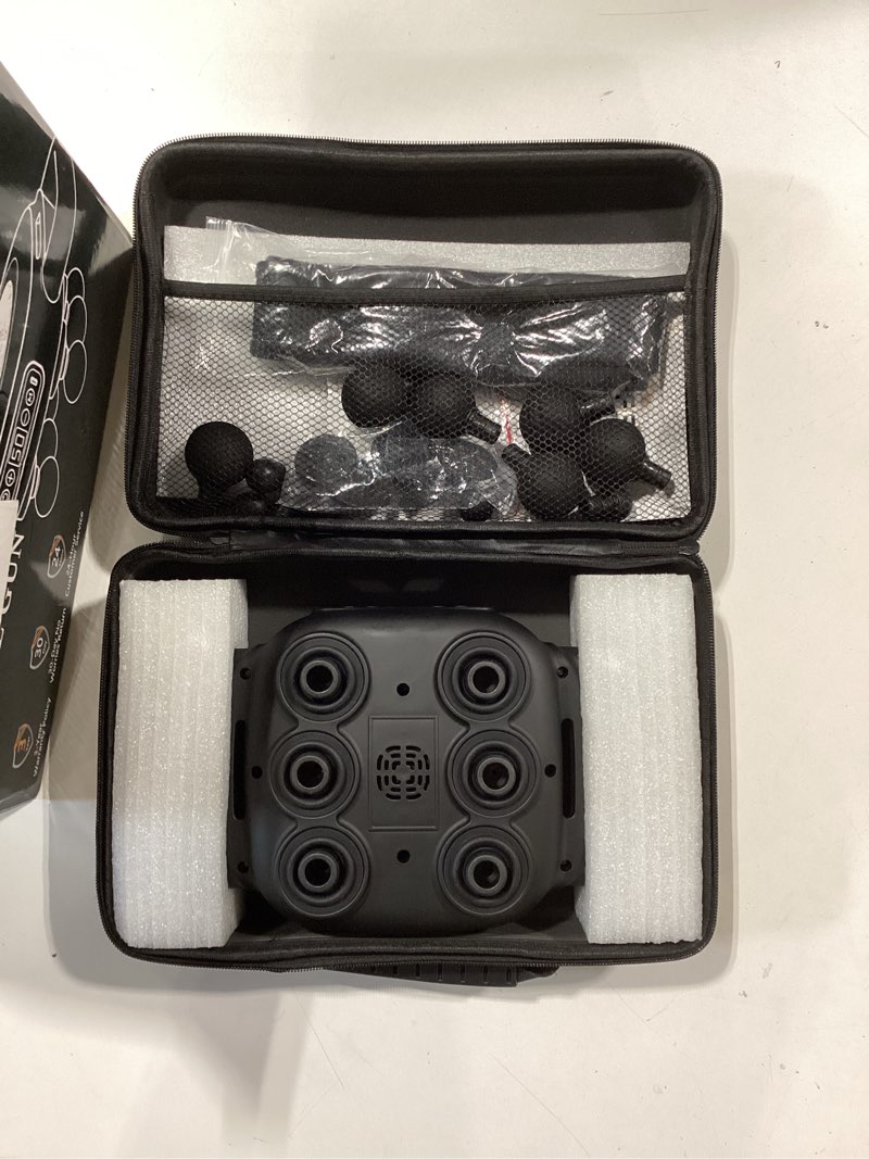 Condition photo showing Good Condition for uffae six head massage gun, 50 intensity levels & 9 massage modes, equipped with 3 different massage heads, massage gun with adjustable belt ideal gifts for women, men, mom, and dad light black